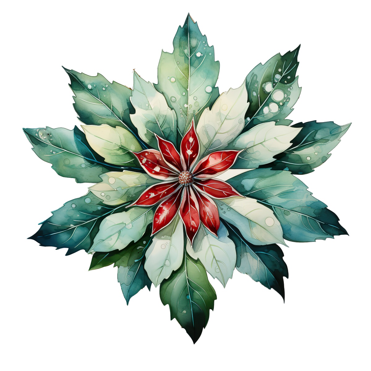 Red poinsettia flower with surrounding green leaves in a circular layout.