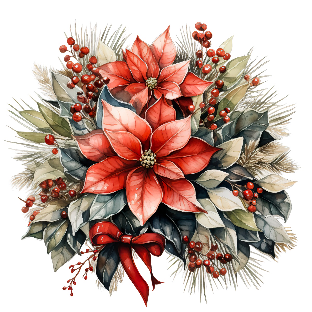 Red poinsettias with leaves and berries in a festive holiday arrangement.