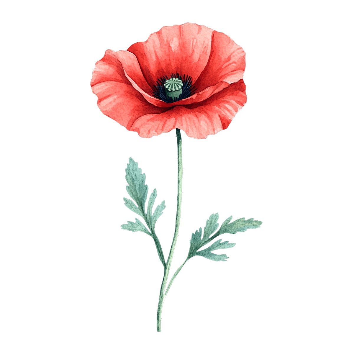 Red poppy flower with green leaves on a black background.