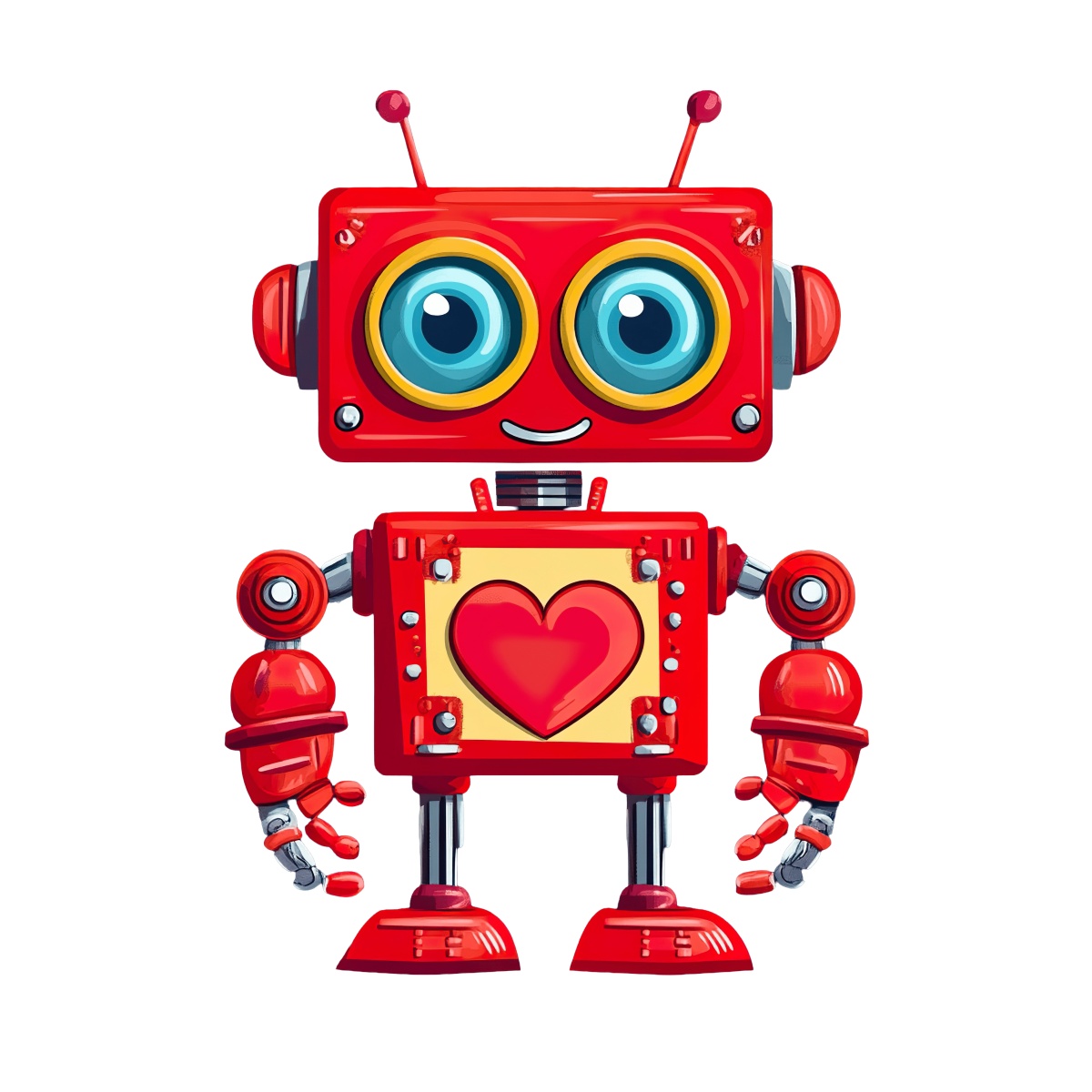 Red robot with a heart design on its chest panel.