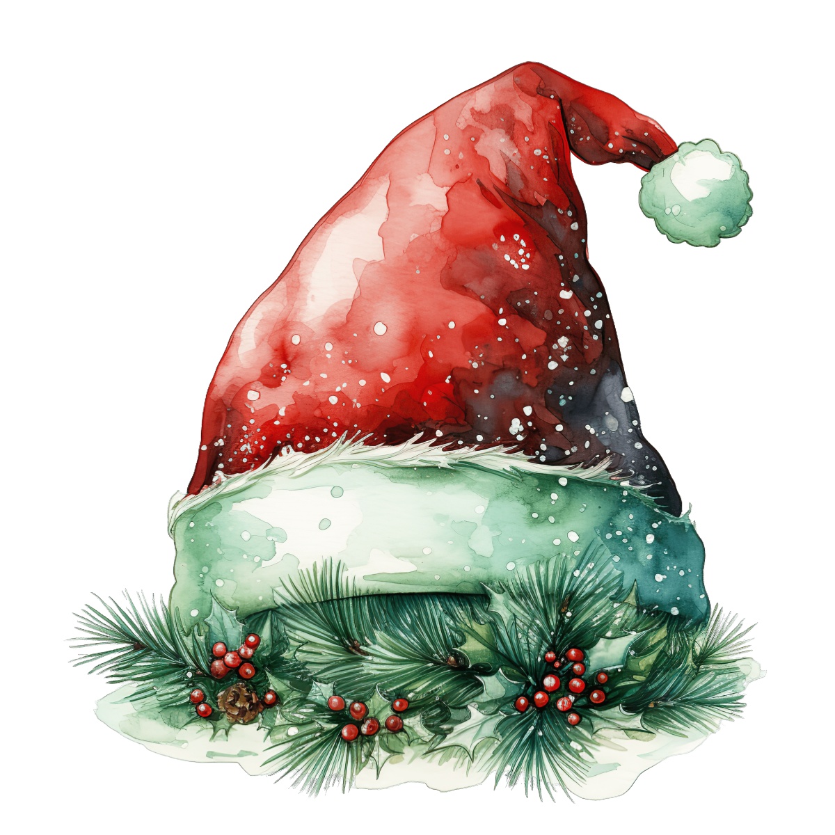 Red Santa hat with snow and green foliage on a black background.