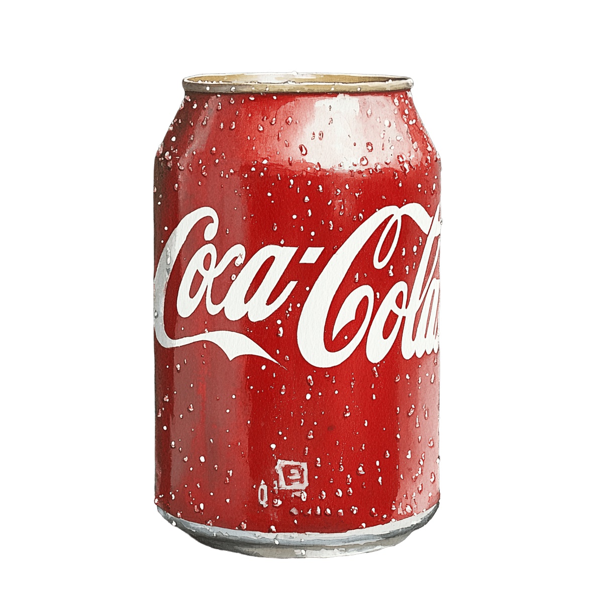 Red soda can with water droplets.