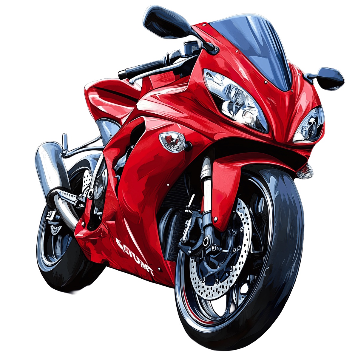 Red sports motorcycle with chrome detailing on a black background.