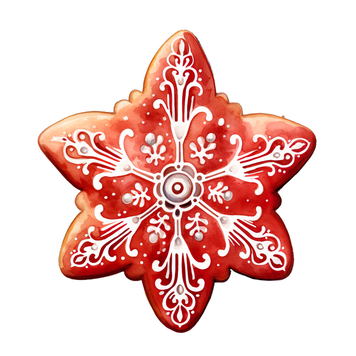 Red star-shaped cookie with white icing and intricate symmetrical design.