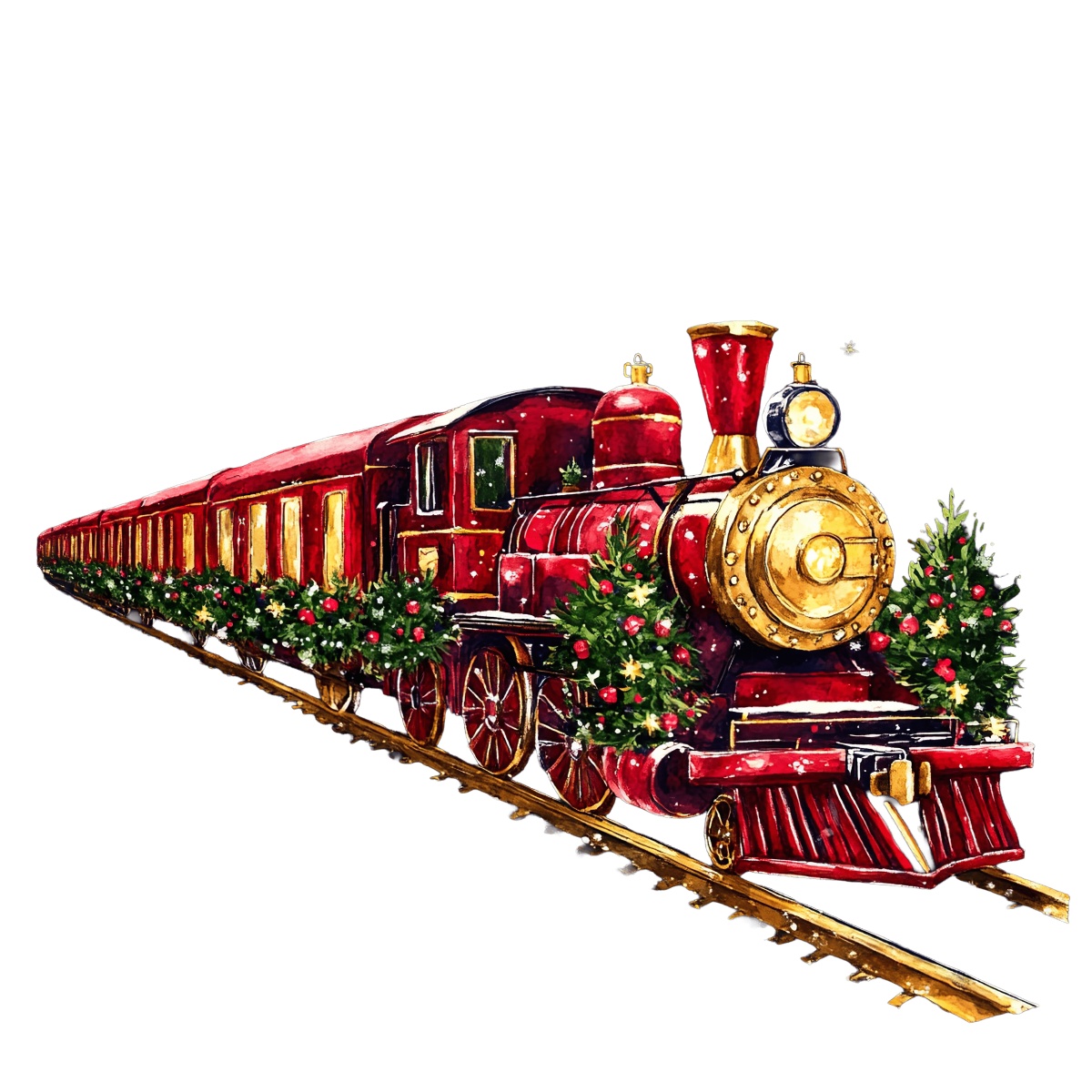 Red steam train with Christmas wreaths and holiday lights, side view.
