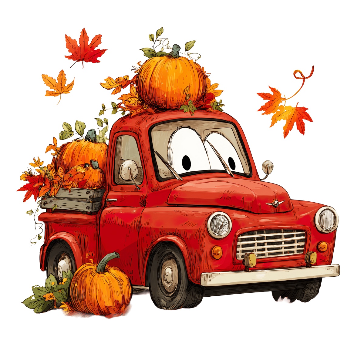 Red truck carrying pumpkins and autumn leaves