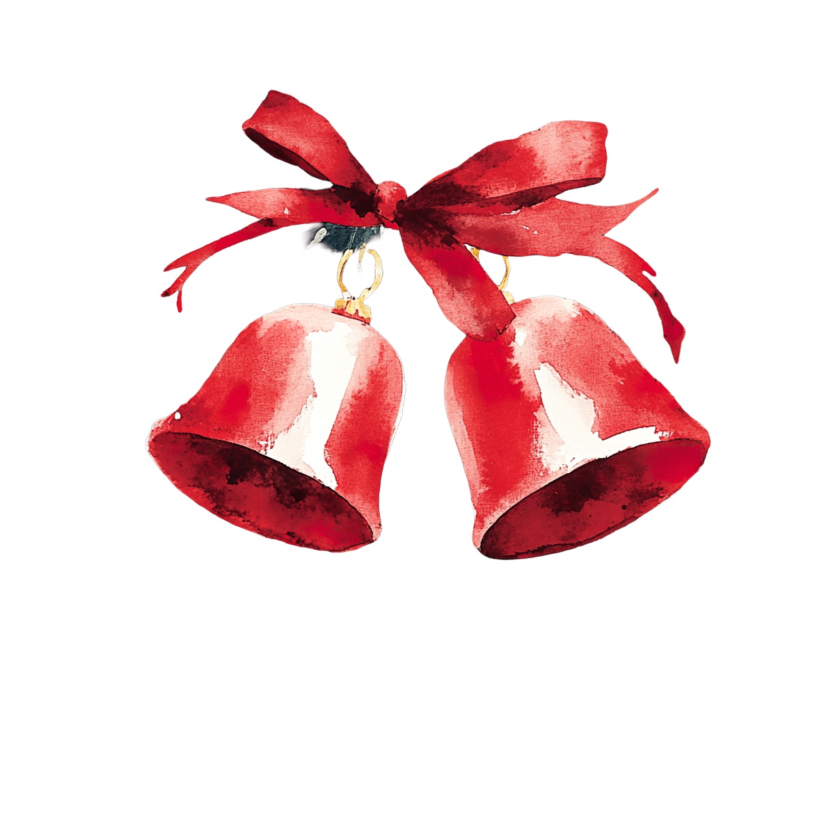 Red watercolor bells with a ribbon bow on a black background.