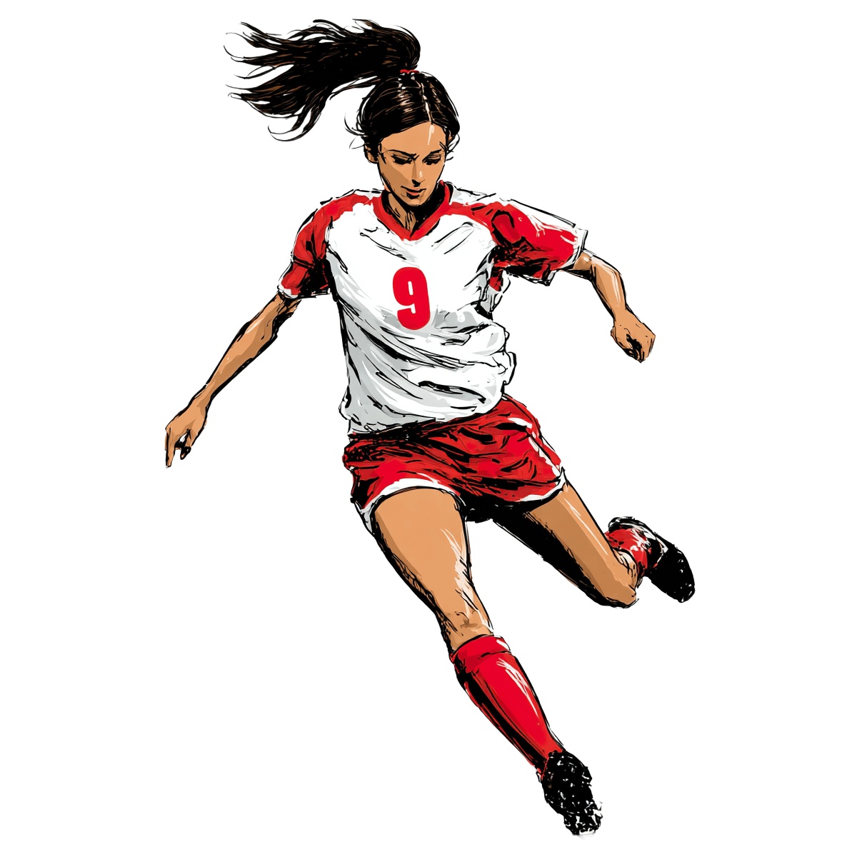 Soccer player in red and white uniform with number 9