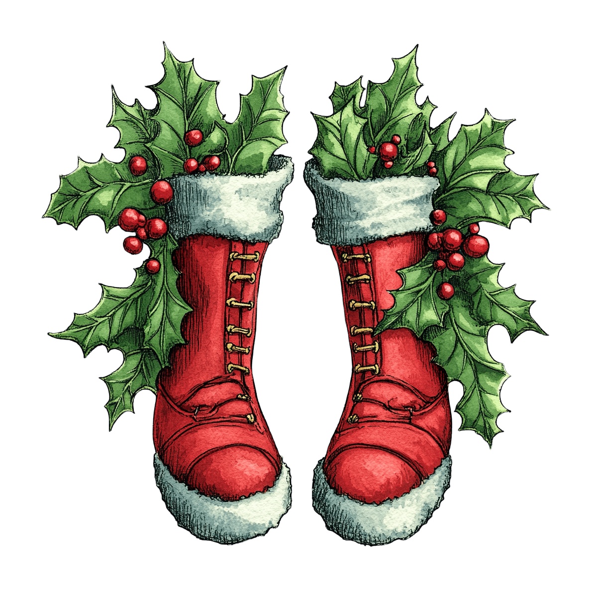 Red winter boots decorated with green holly leaves and red berries.