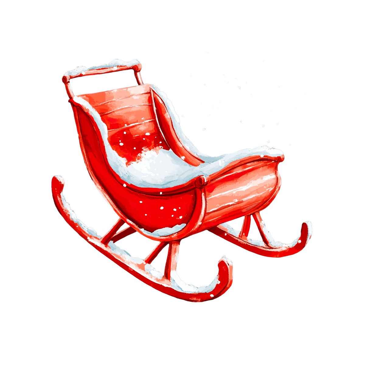Red wooden winter sleigh with snow on the seat and curves.