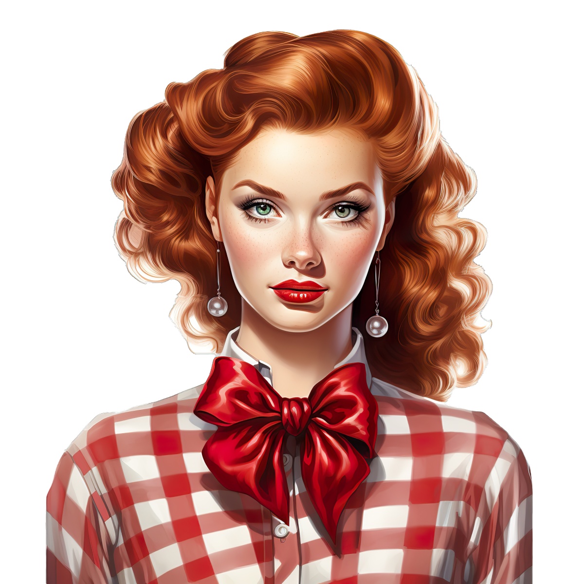 Redhead woman wearing a checkered shirt and large red bow tie.