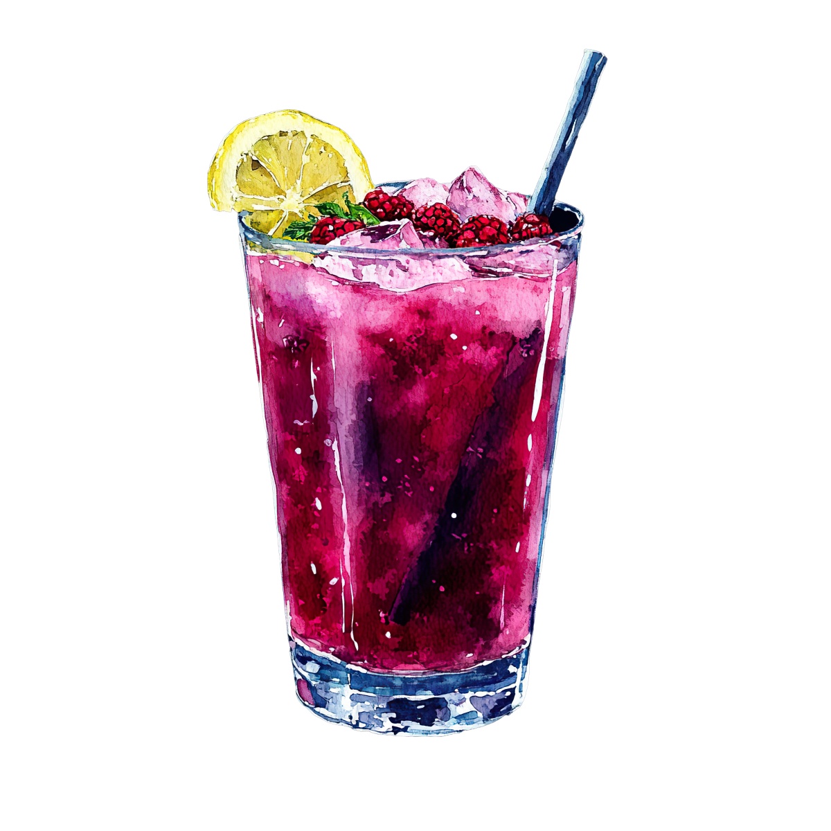 Vibrant berry cocktail with lemon slice and straw in a glass.