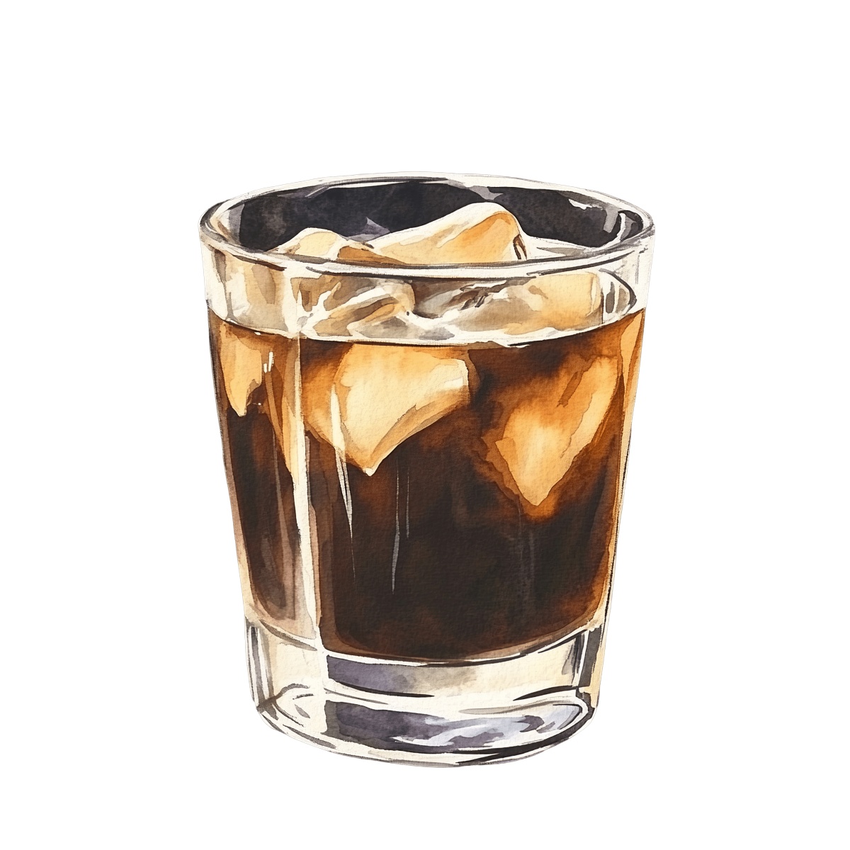 Glass of iced coffee with ice cubes.