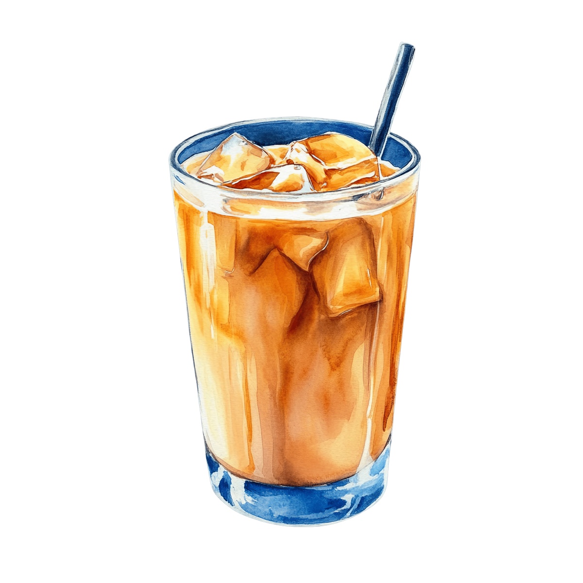 Glass of iced coffee with ice cubes and a straw.