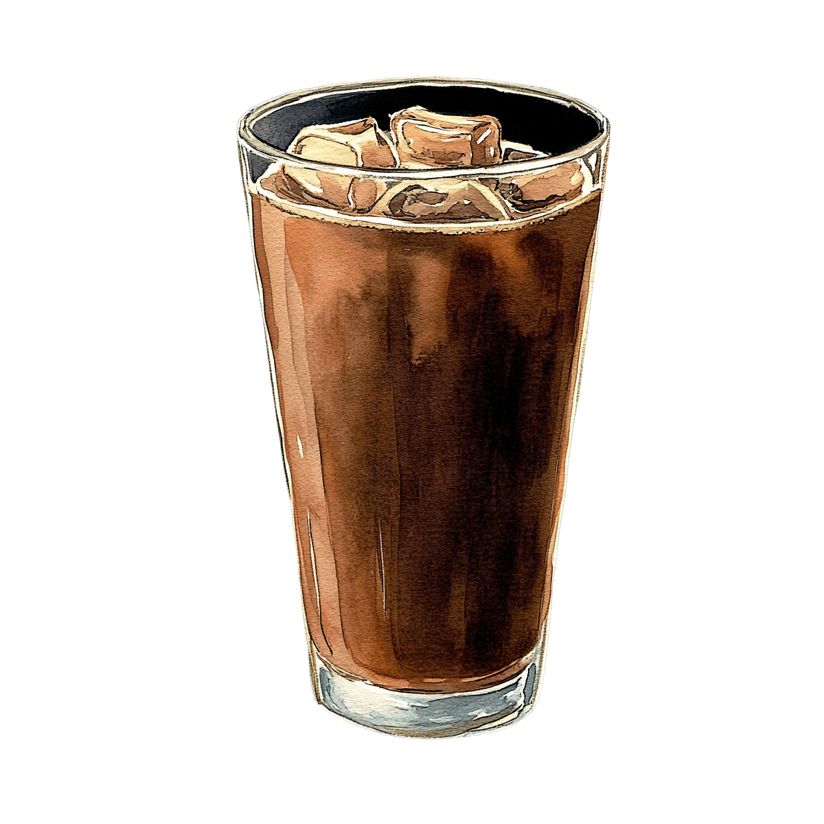 Glass of iced coffee with ice cubes.