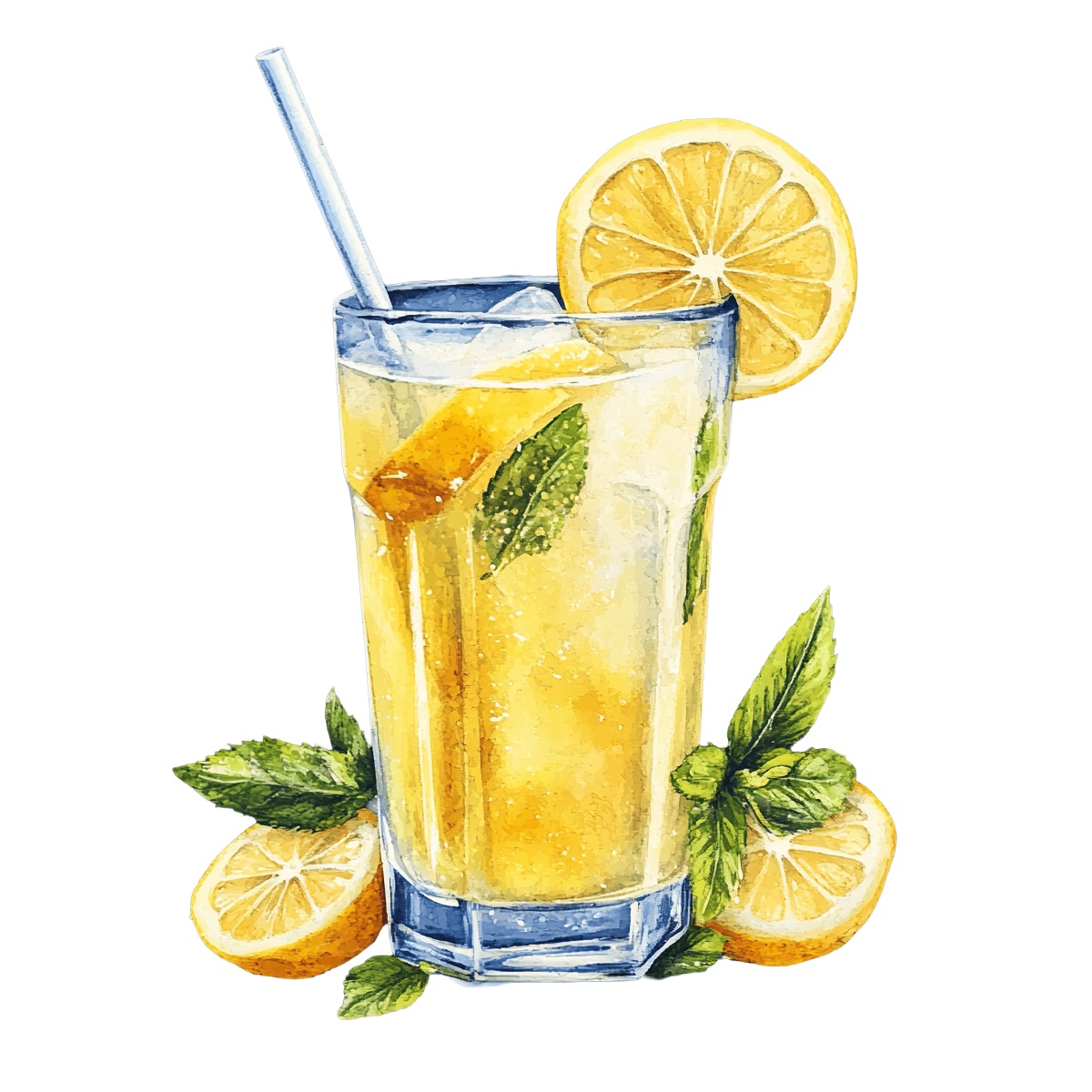 Tall glass of lemonade with mint and lemon slices.
