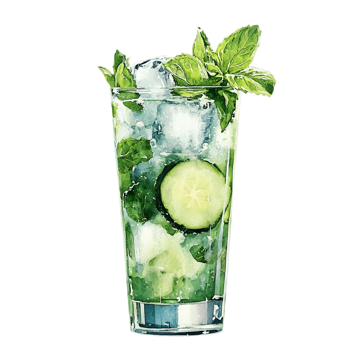 Mojito cocktail with mint and cucumber in a tall glass.