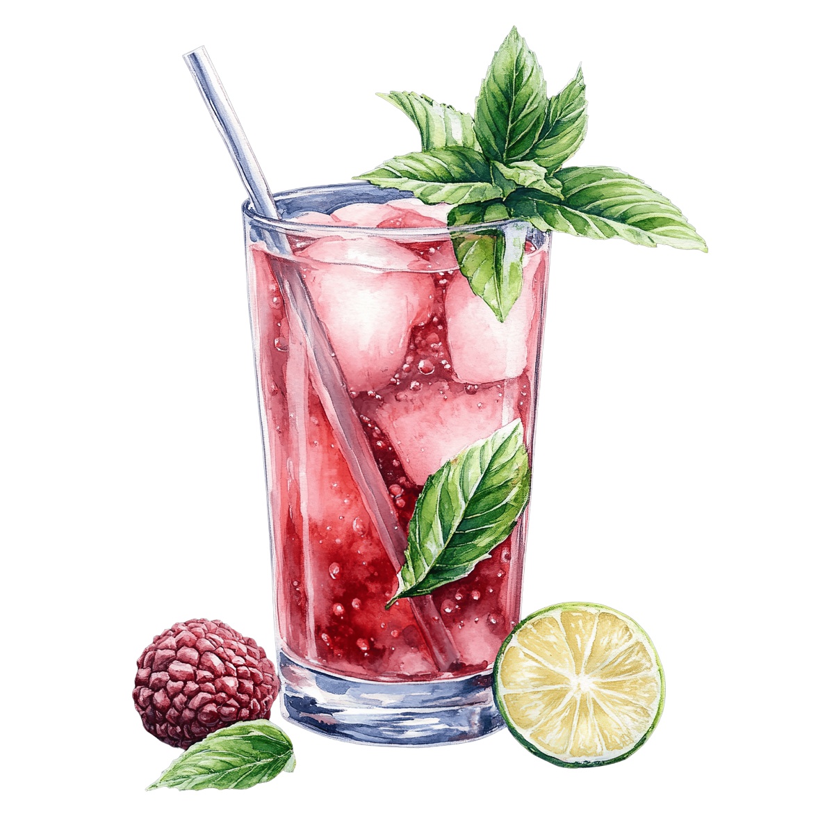 Raspberry mojito in a glass with lime and mint garnish.