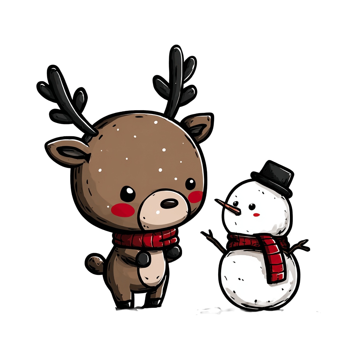 Reindeer with antlers and snowman in red scarves, black hat.