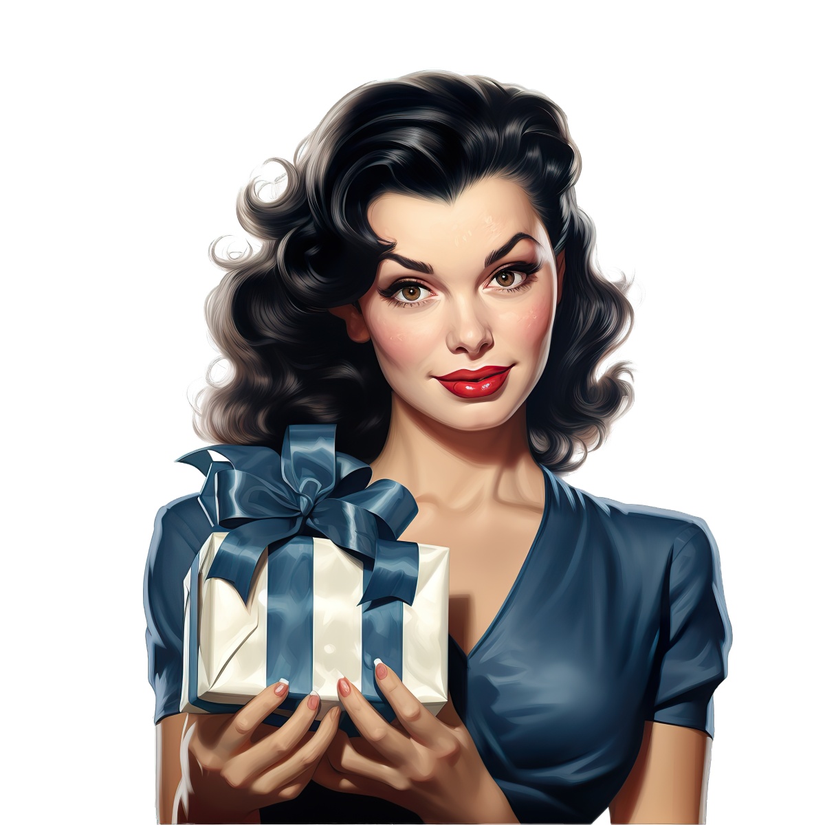 Woman with vintage hairstyle holding a gift box wrapped with blue ribbon.