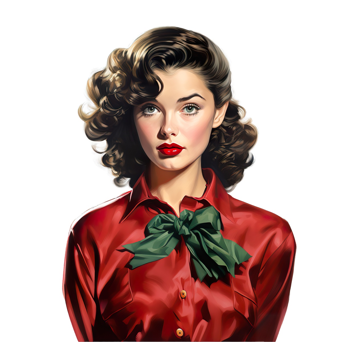 Retro styled woman with wavy hair in red shirt and green bow.