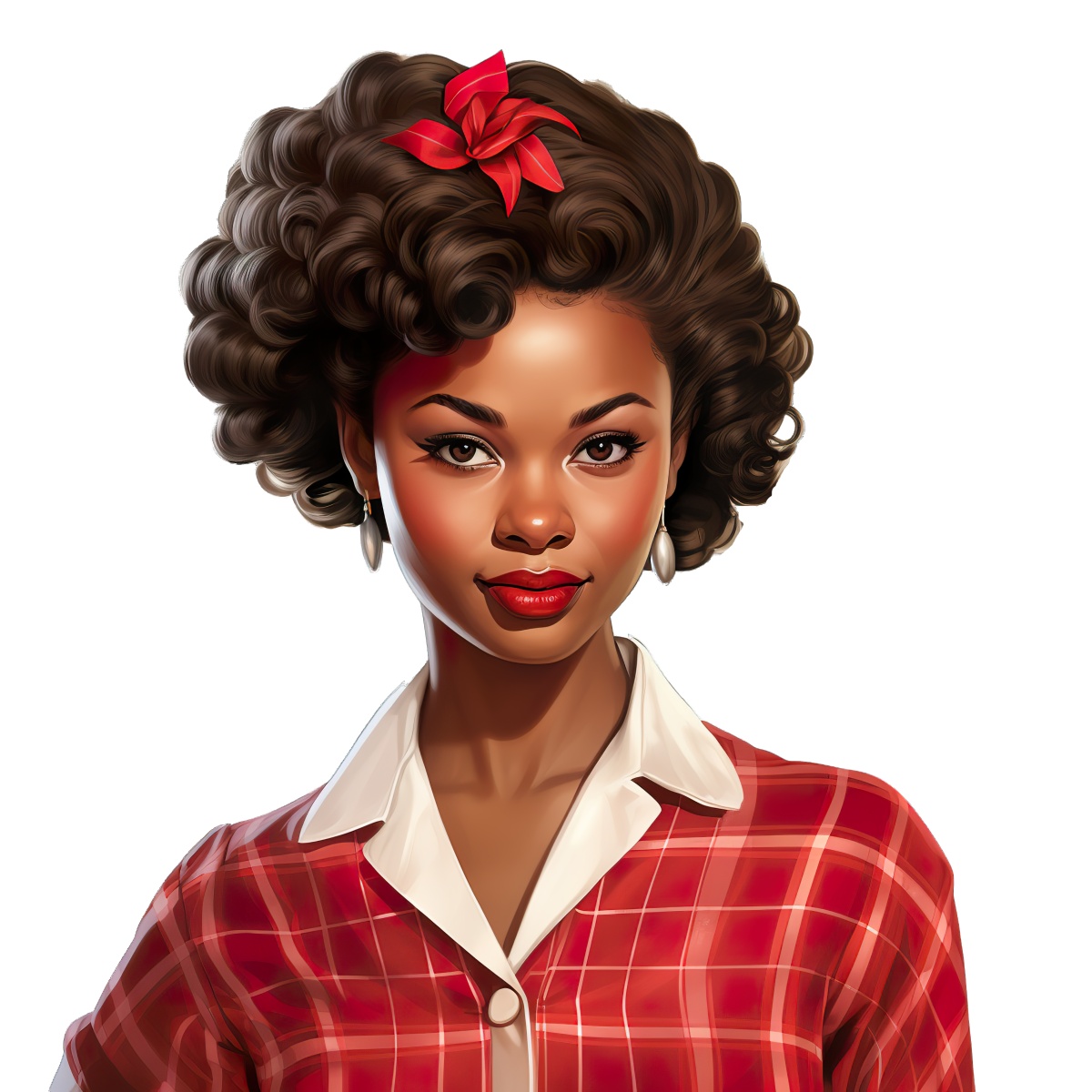 Woman with curly hair in a red checkered shirt with a retro style.