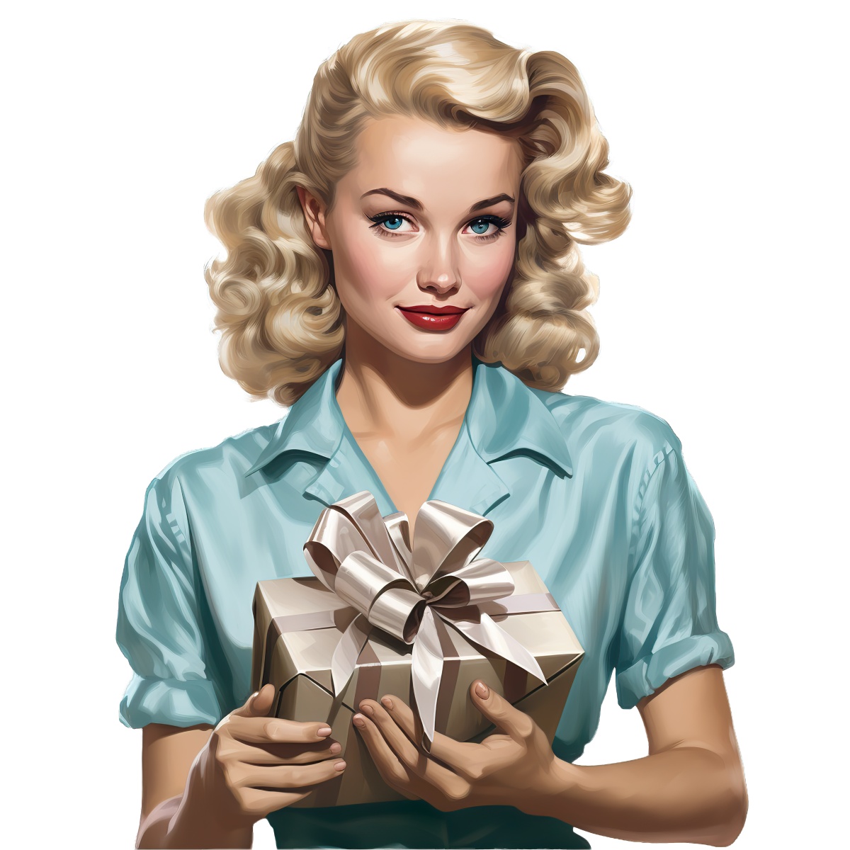 Blonde woman in vintage style holding a wrapped gift with a bow.