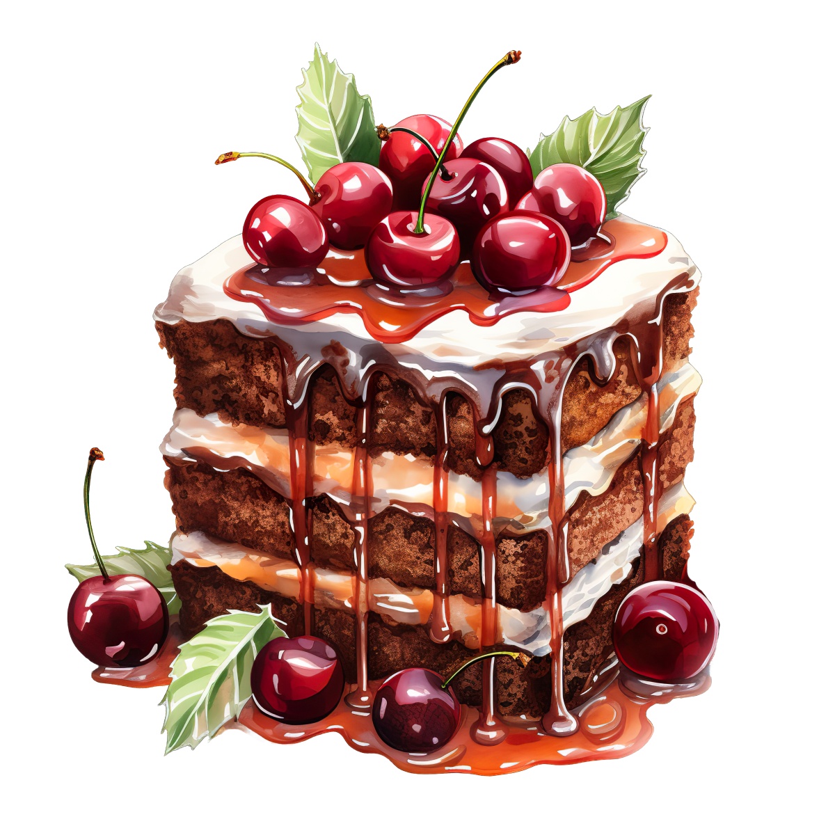 Slice of rich chocolate cake with cream layers and cherries on top.