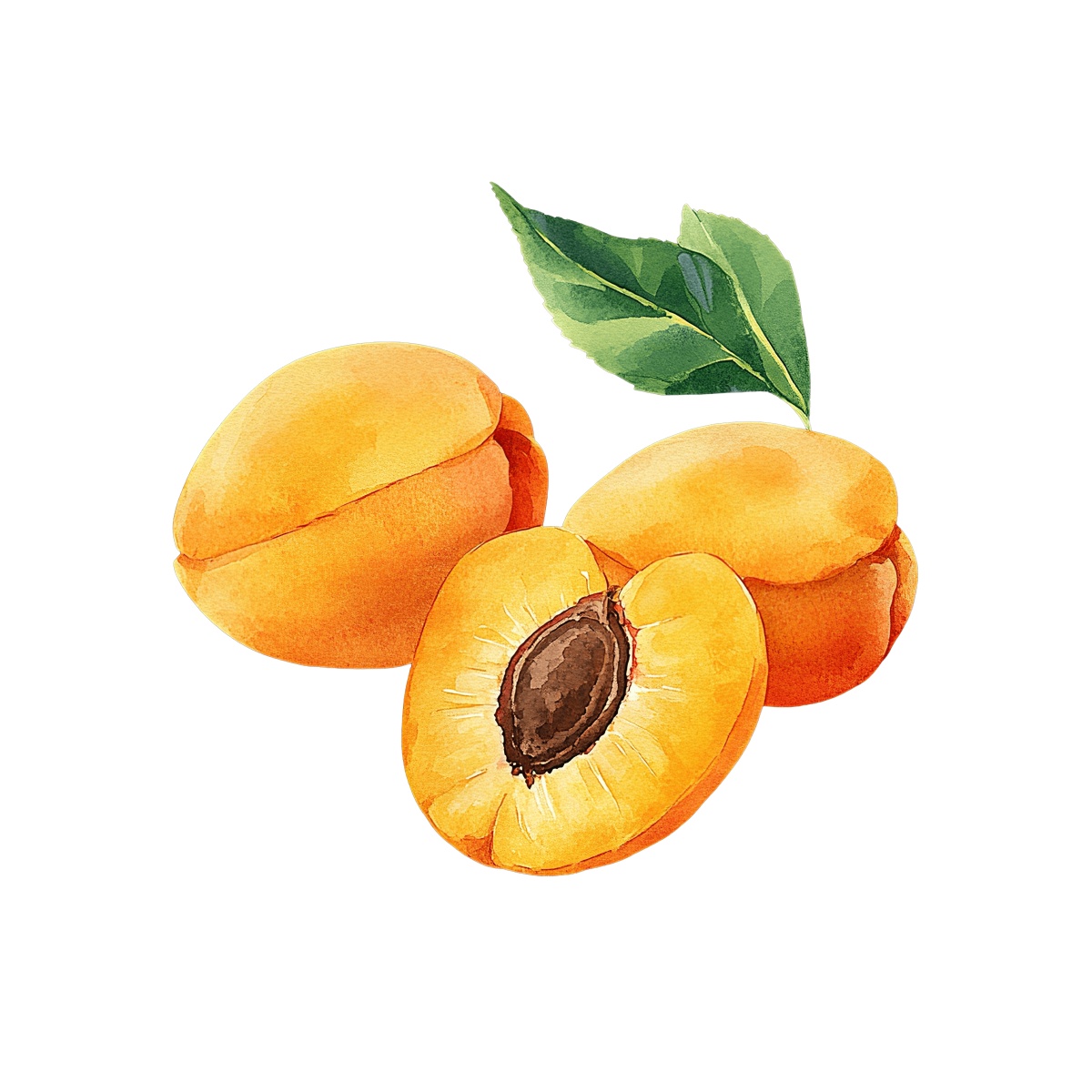 Three ripe apricots with green leaves.