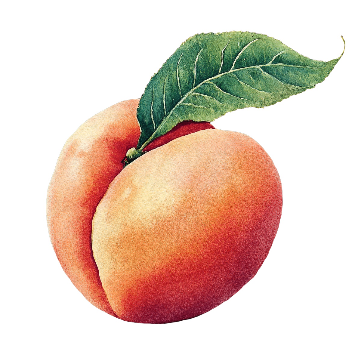 Detailed clipart of a ripe peach with a green leaf.