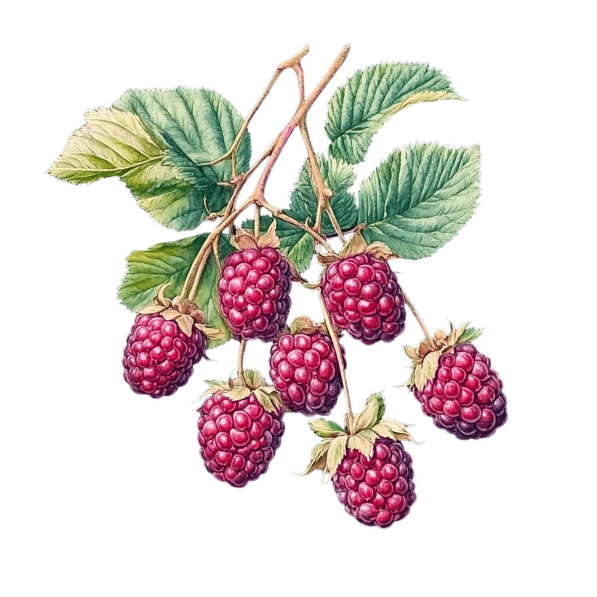 Ripe red raspberries hanging from a branch with green leaves.