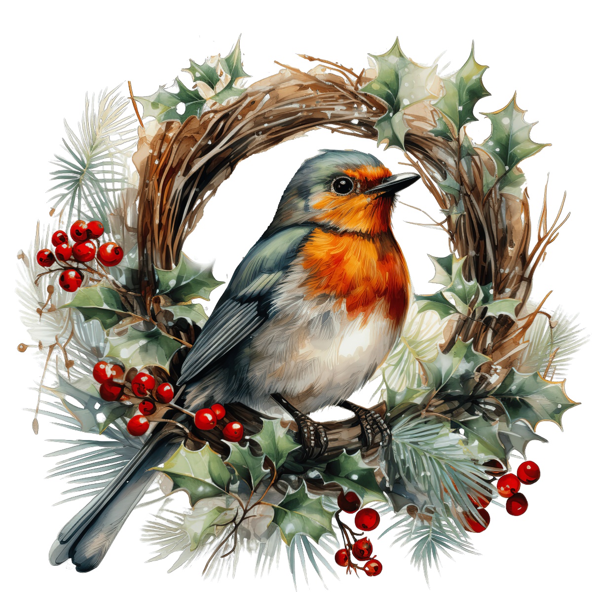 Robin on holiday wreath decorated with holly leaves and red berries.
