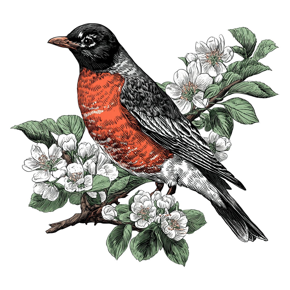 Illustrated robin perched on blossoming branches with green leaves.