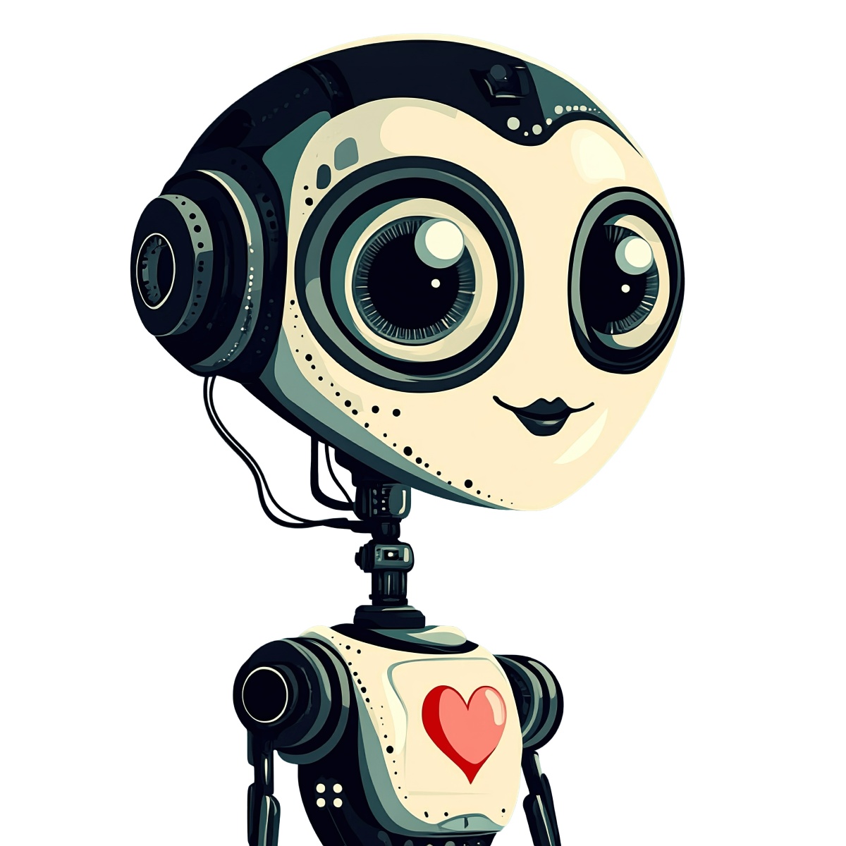 Robot character with a heart symbol on its chest, futuristic design.