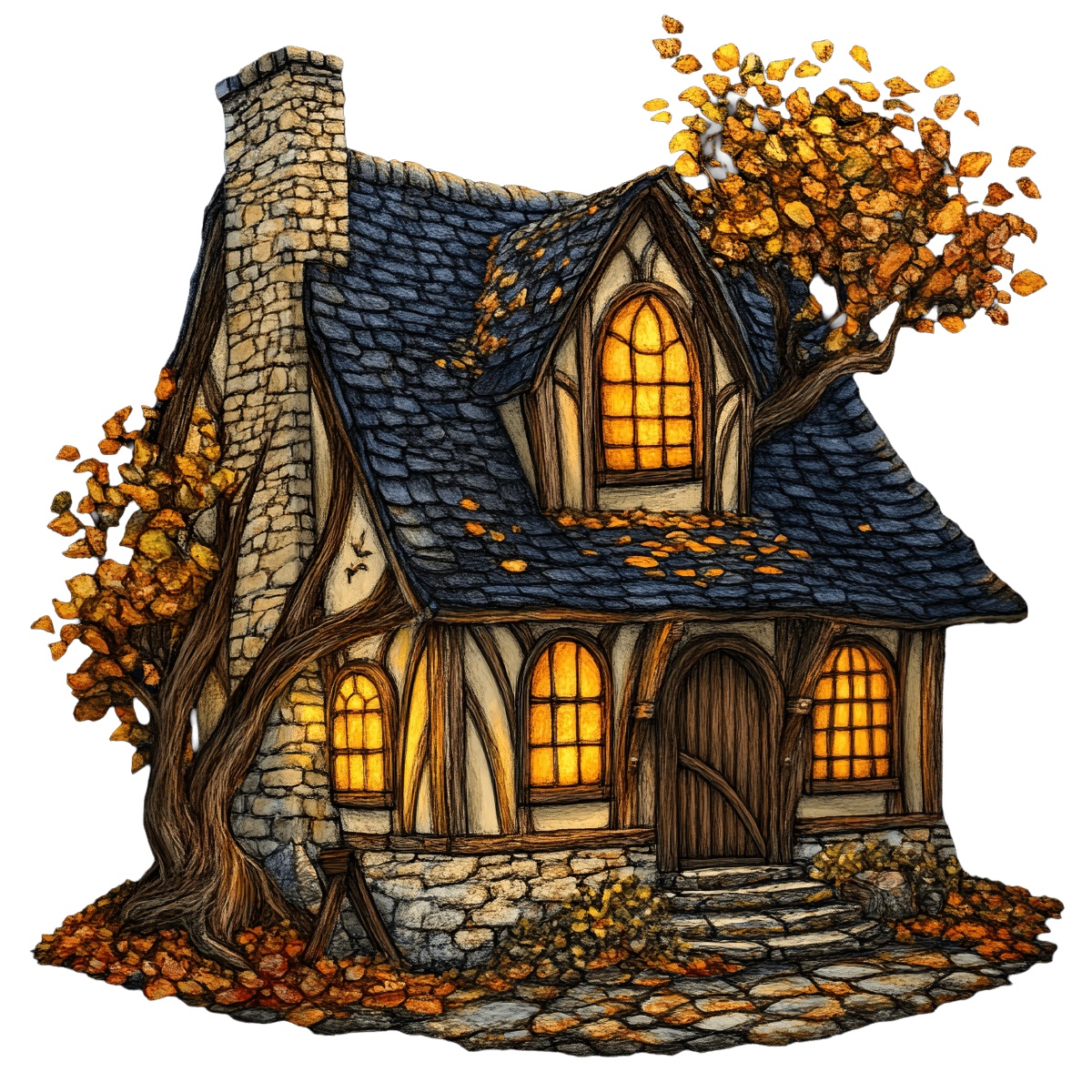 Rustic stone cottage with glowing windows, surrounded by autumn leaves and tree.