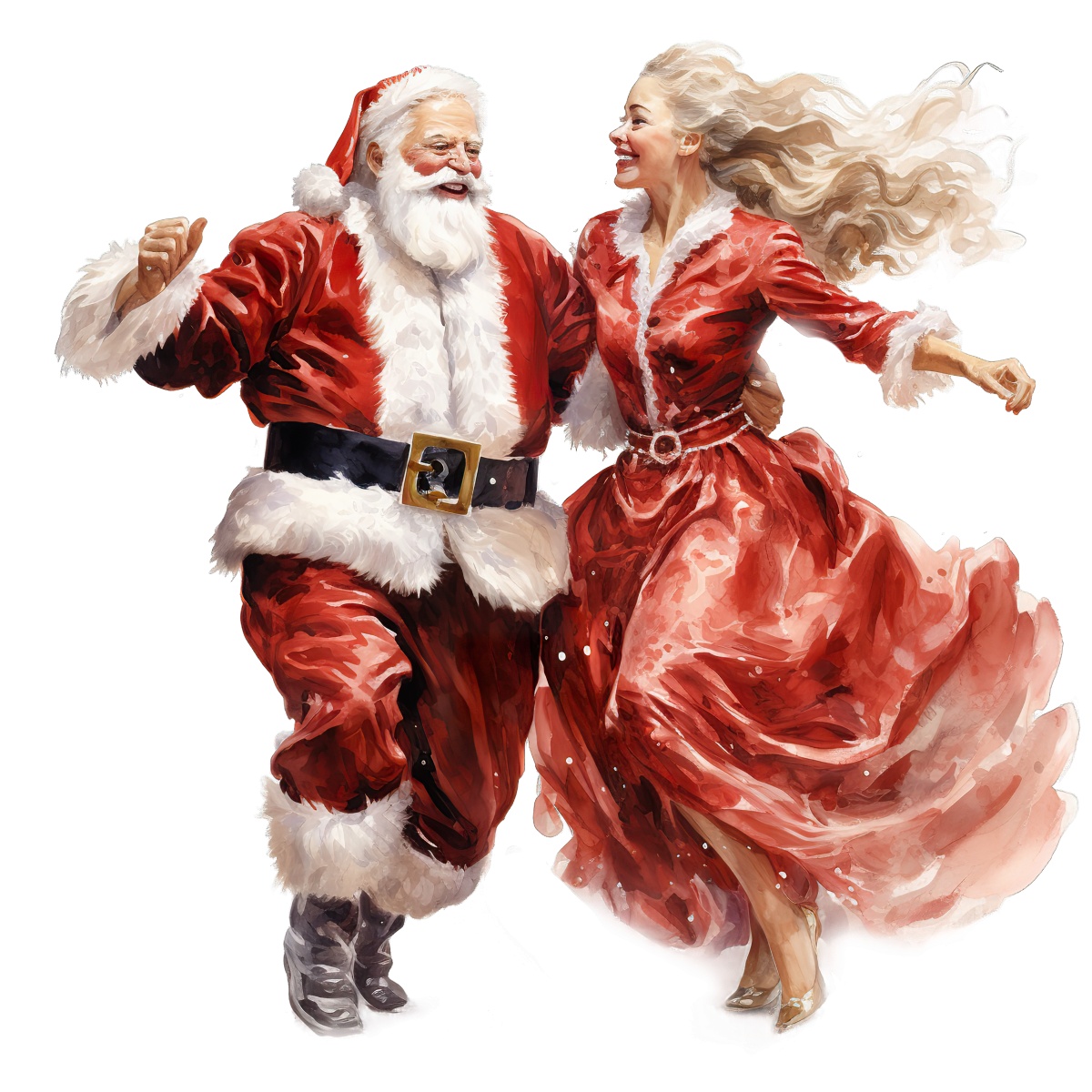 Santa Claus and a woman dancing in festive red attire for Christmas.