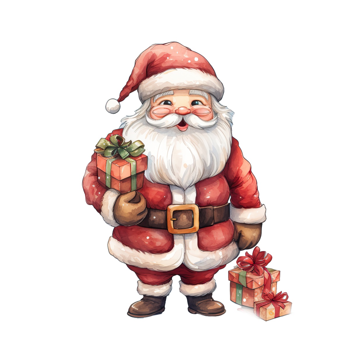 Santa Claus in red suit holding gifts, with additional gifts on the ground.