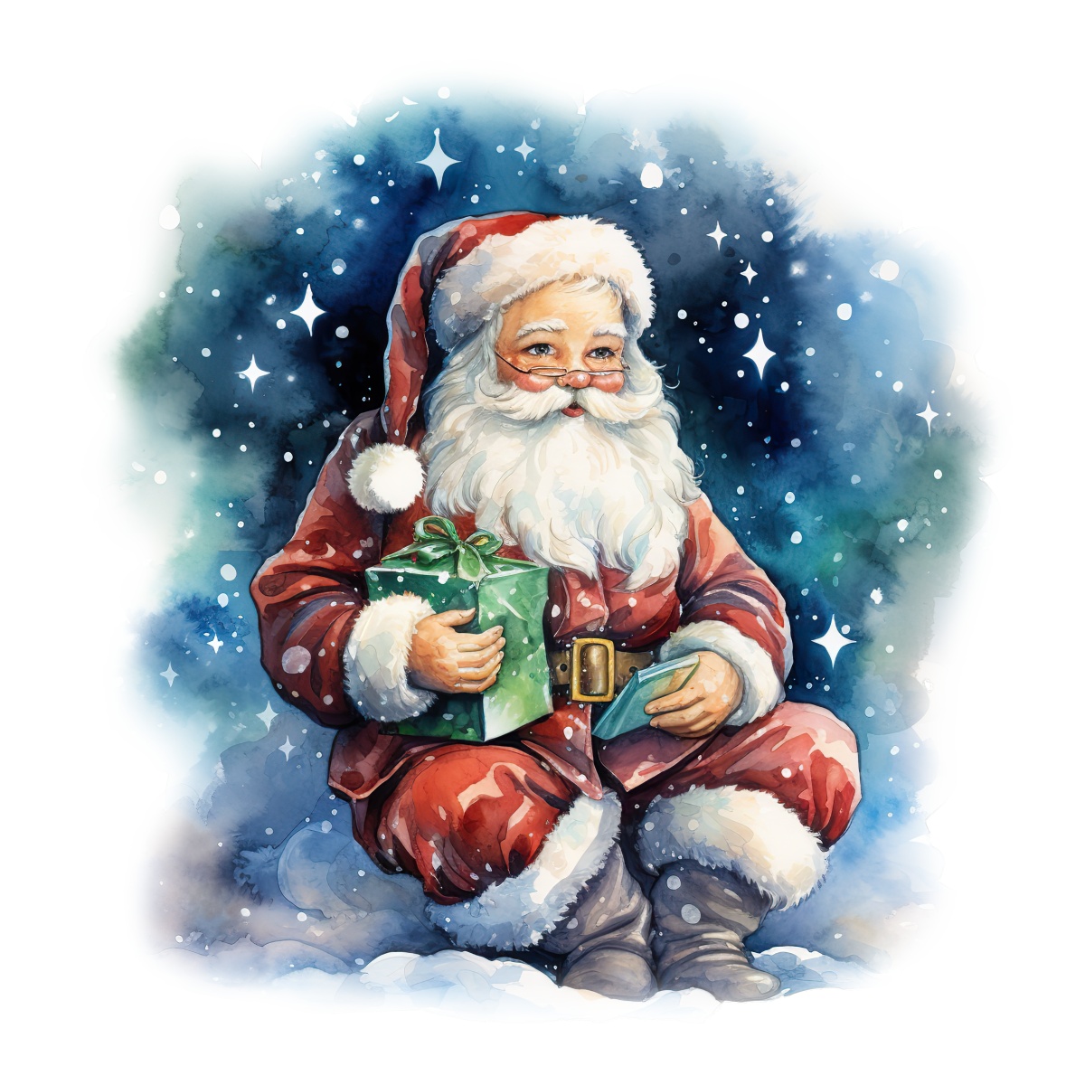 Santa Claus in a red suit holding a green gift with snowflakes around.