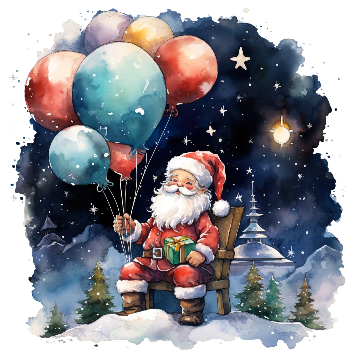Santa Claus sitting with colorful balloons in a snowy nighttime scene.
