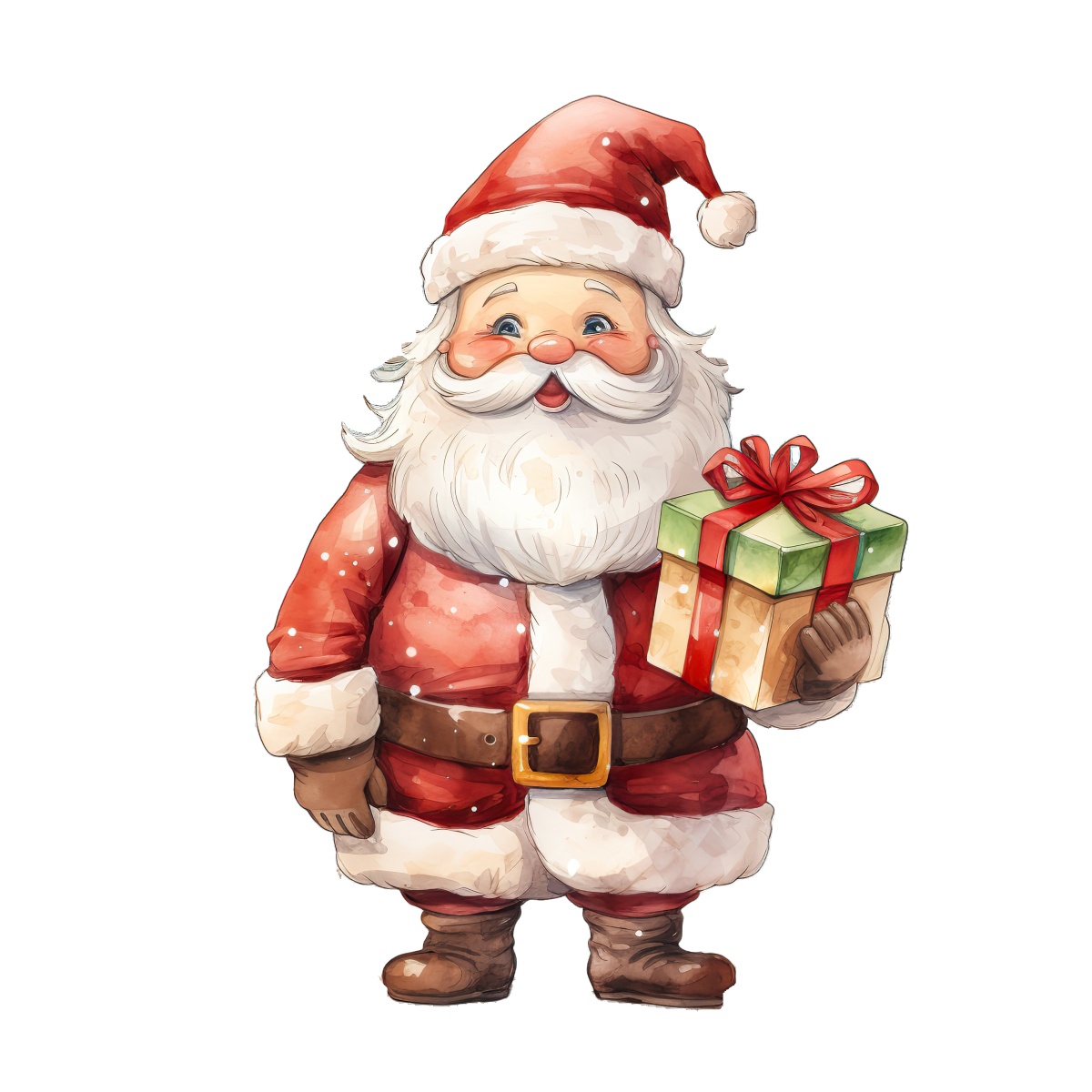 Santa Claus in red suit holding a gift box with a bow.