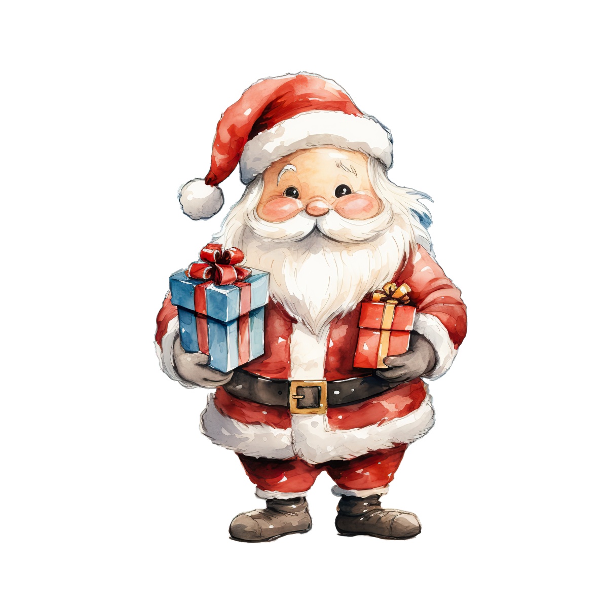 Santa Claus in traditional red suit holding gifts with bows.