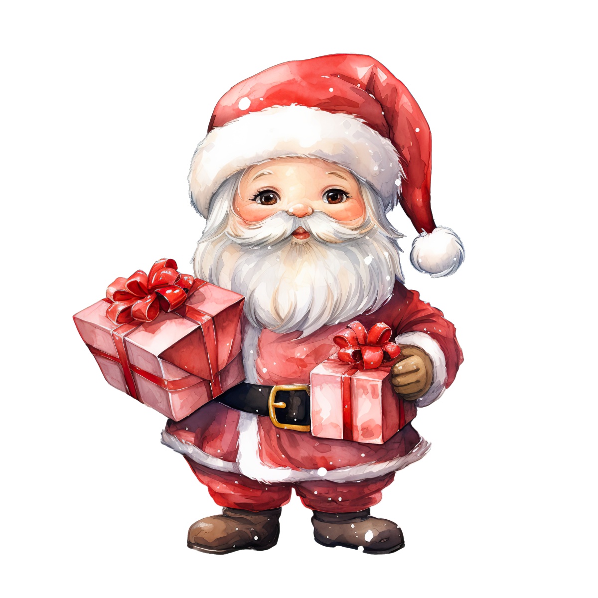 Santa Claus in red attire holding two gift boxes with red ribbons.