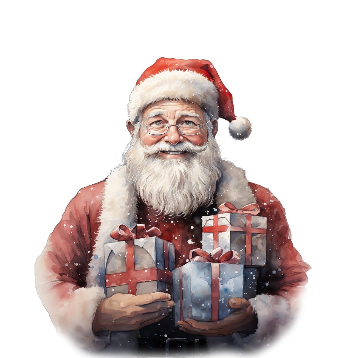 Santa Claus in red suit holding Christmas presents with snow falling.