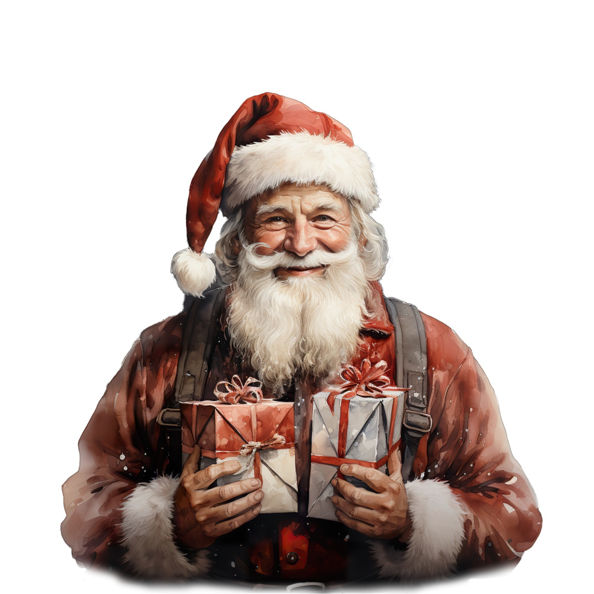 Santa Claus in red suit holding two decorative wrapped gifts.