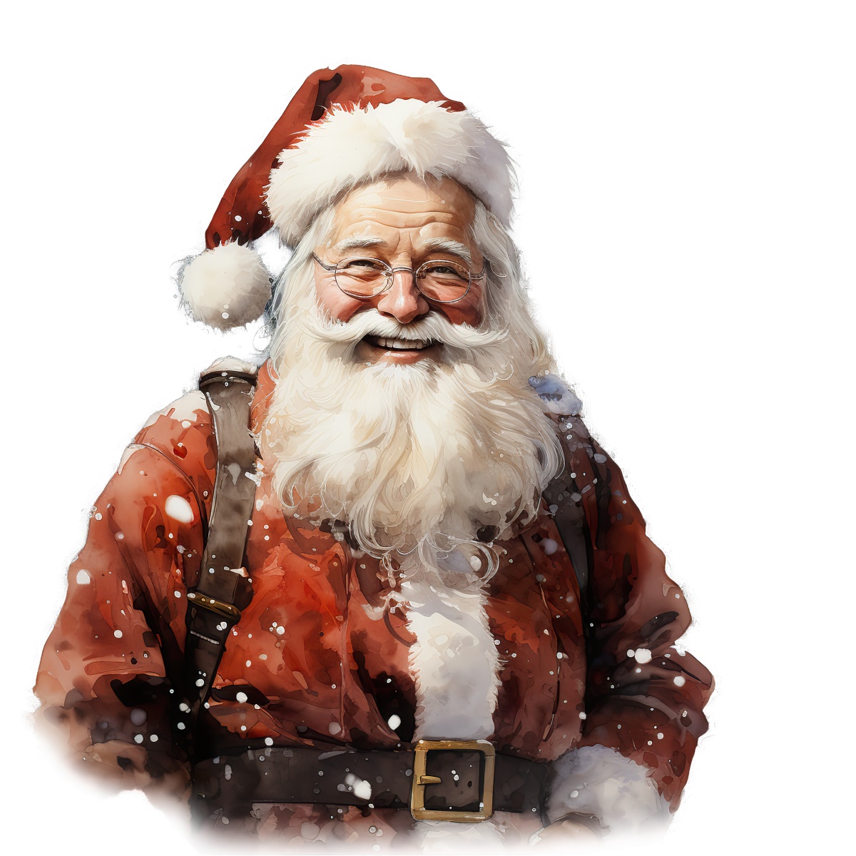 Santa Claus illustration wearing a red suit and hat with snow accents.