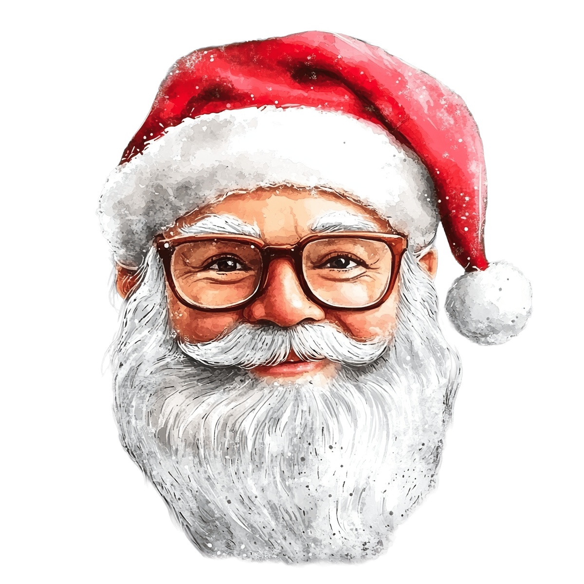 Santa Claus head with red hat and glasses against a black background.