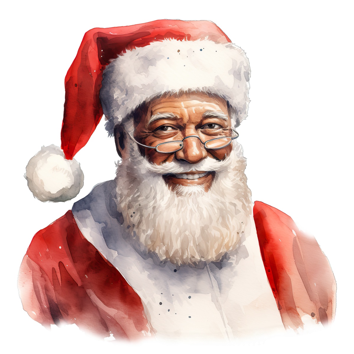 Illustration of Santa Claus with glasses, white beard, and red suit.