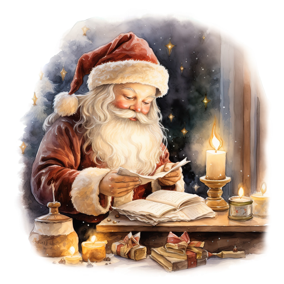 Santa Claus in red suit reading a Christmas letter by candlelight.