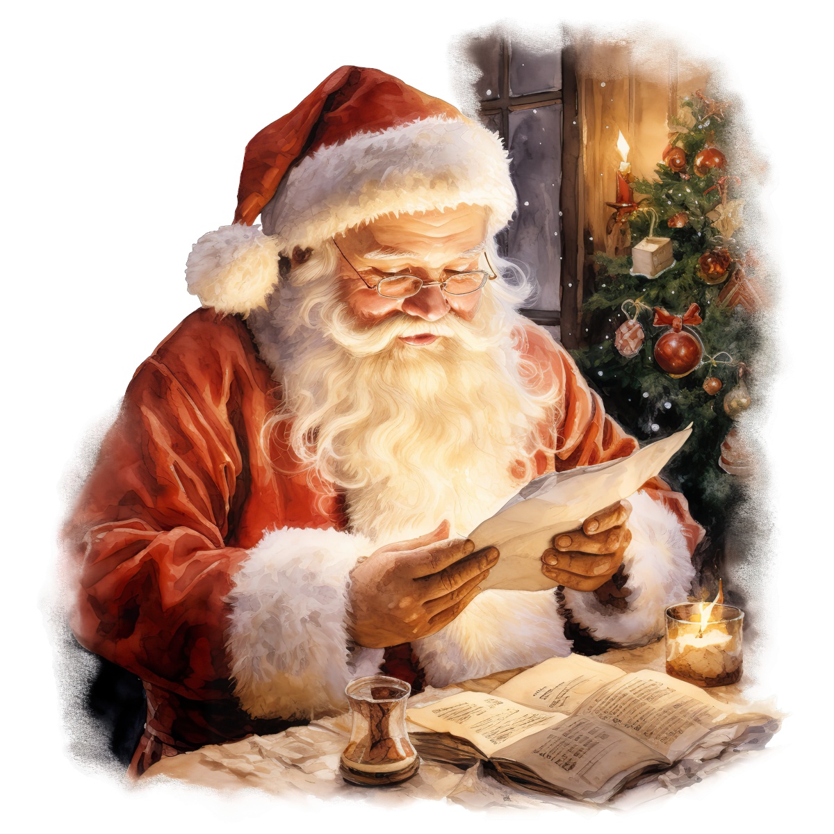 Santa Claus reading a letter by candlelight near a decorated Christmas tree.