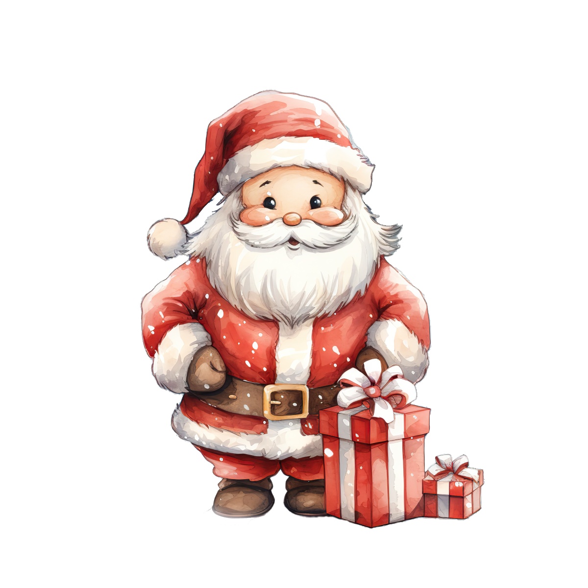 Santa Claus standing with red presents and wearing a traditional red suit.